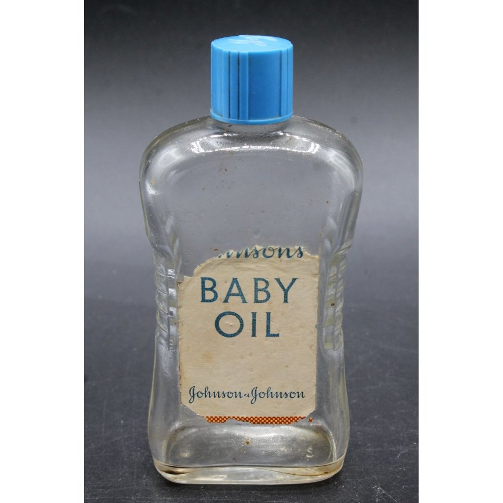 Vintage Johnson's Baby Oil Glass Bottle Advertising Antique Ripped Label Cap